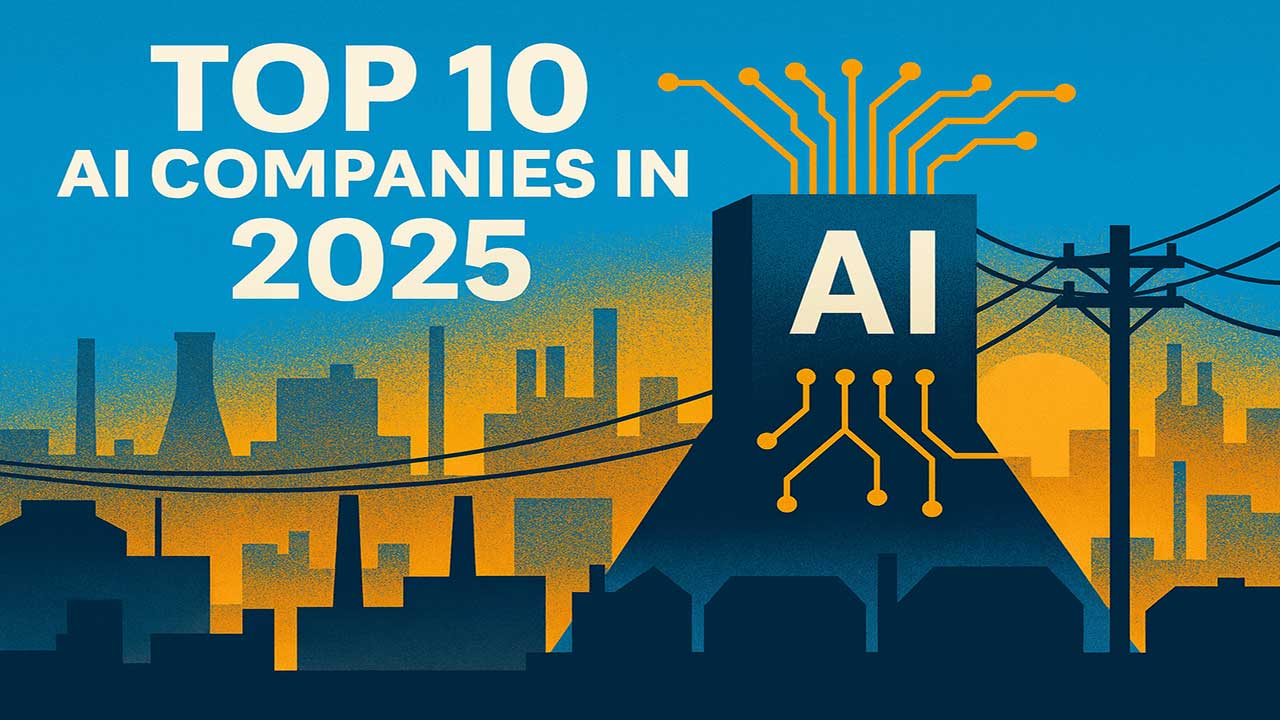 A sleek industrial skyline of silhouetted factories and corporate buildings stretches across the frame, with glowing data streams and AI circuitry connecting them.